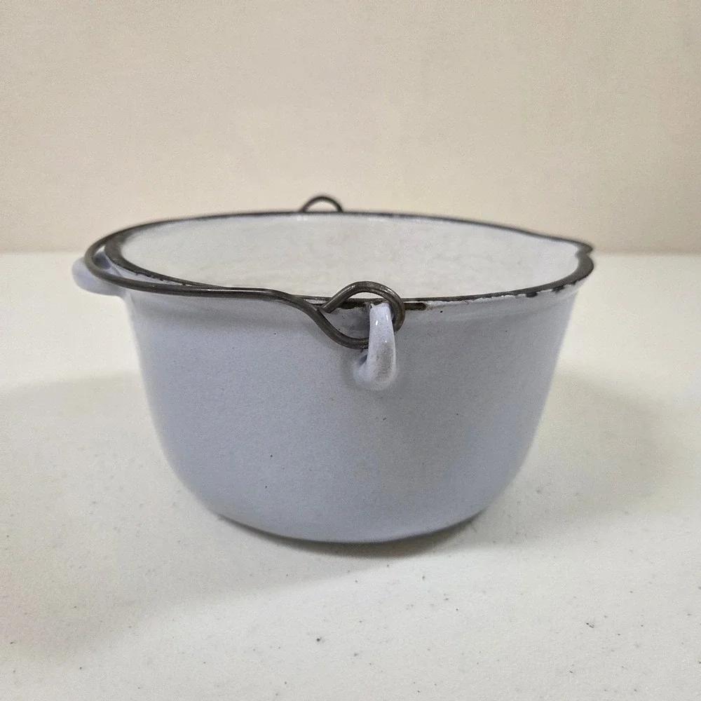 Vtg Vollrath ware Light Blue Enamelware Small Cauldron Pot Wire Bail Handle #‎ 2